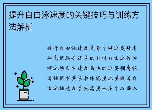 提升自由泳速度的关键技巧与训练方法解析